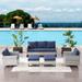 Latitude Run® Dayonte 5 - Person Outdoor Seating Group w/ Cushions Synthetic Wicker/Wood/All - Weather Wicker/Wicker/Rattan in Gray/Blue | Wayfair