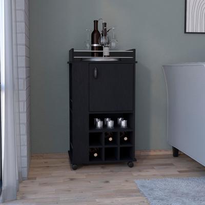 Wine Glass Holder Cart with 6 Built-in Wine Racks and Casters Single Door Cabinet Kitchen Cart, Black