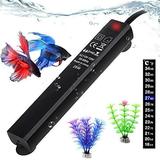 Betta Fish Tank Heater 25W Mini Aquarium Heaters Free 2 Artificial Plants 1 Stick-on Thermometer Strip 2 Suction Cups Water Warmer Temperature Controller Smart Thermostat for 3-5 Gallon Tank