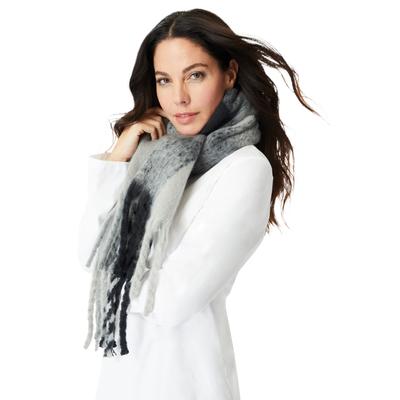 Plus Size Women's Fringed Plaid Scarf by Roaman's in Black White Plaid
