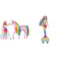 Barbie GWM78 - Dreamtopia Magisches Zauberlicht Einhorn mit Berührungsfunktion & Dreamtopia Rainbow Magic Mermaid, Meerjungfrau mit Regenbogenhaaren