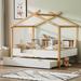 Full Size Wooden House Bed White Trundle Bed with Original Wood Colored Frame Twin Size Trundle and Bookshelf Storage Space