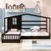 L-Shaped Twin Size Wood Platform Bed Creativity House Bed, 2 Twin Solid Bed with Fence and Slatted Frame for Kids Teens