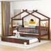 Twin Size Wooden Creativity House Bed Platform Bed with Twin Size Trundle Bed with 2 Headboards and Full-Length Guardrail