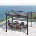 Kahomvis 10 ft. x 9 ft. Black Outdoor Patio Retractable Powder Coated Finish Aluminum Pergola with Gray Canopy Sunshelter