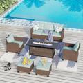 7/9-Seat Patio Furniture Wicker Rattan Outdoor High-back Sectional Sofa Conversation Set with Firepit Table Lake blue - 7-Seat+Rectangular firepit