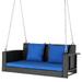 Patio Polyethylene Wicker Swing Loveseat Bench Hanging Chair Blue Cushion