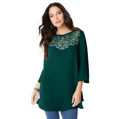 Plus Size Women's Flare-Sleeve Embellished Georgette Top. by Roaman's in Emerald Green (Size 14 W)