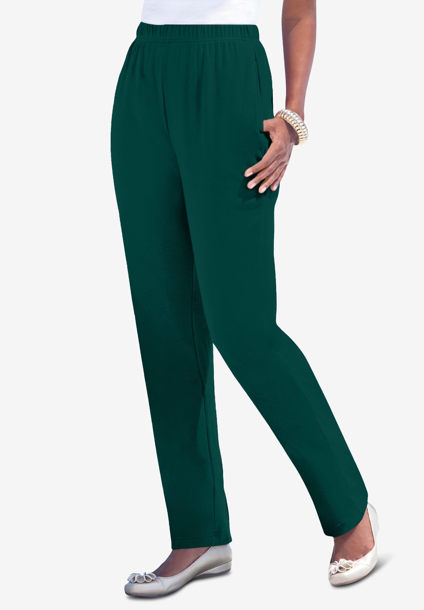 Plus Size Women's Plus Size Straight Leg Soft Knit Pull On Pant by Roaman's in Emerald Green (Size 5X) Pull On Elastic Waist