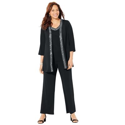 Plus Size Women's Beaded 3-Piece Cardigan Pant set by Catherines in Black (Size 28 W)