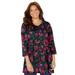 Plus Size Women's Easy Fit 3/4 Sleeve V-Neck Tee by Catherines in Black Floral (Size 2X)