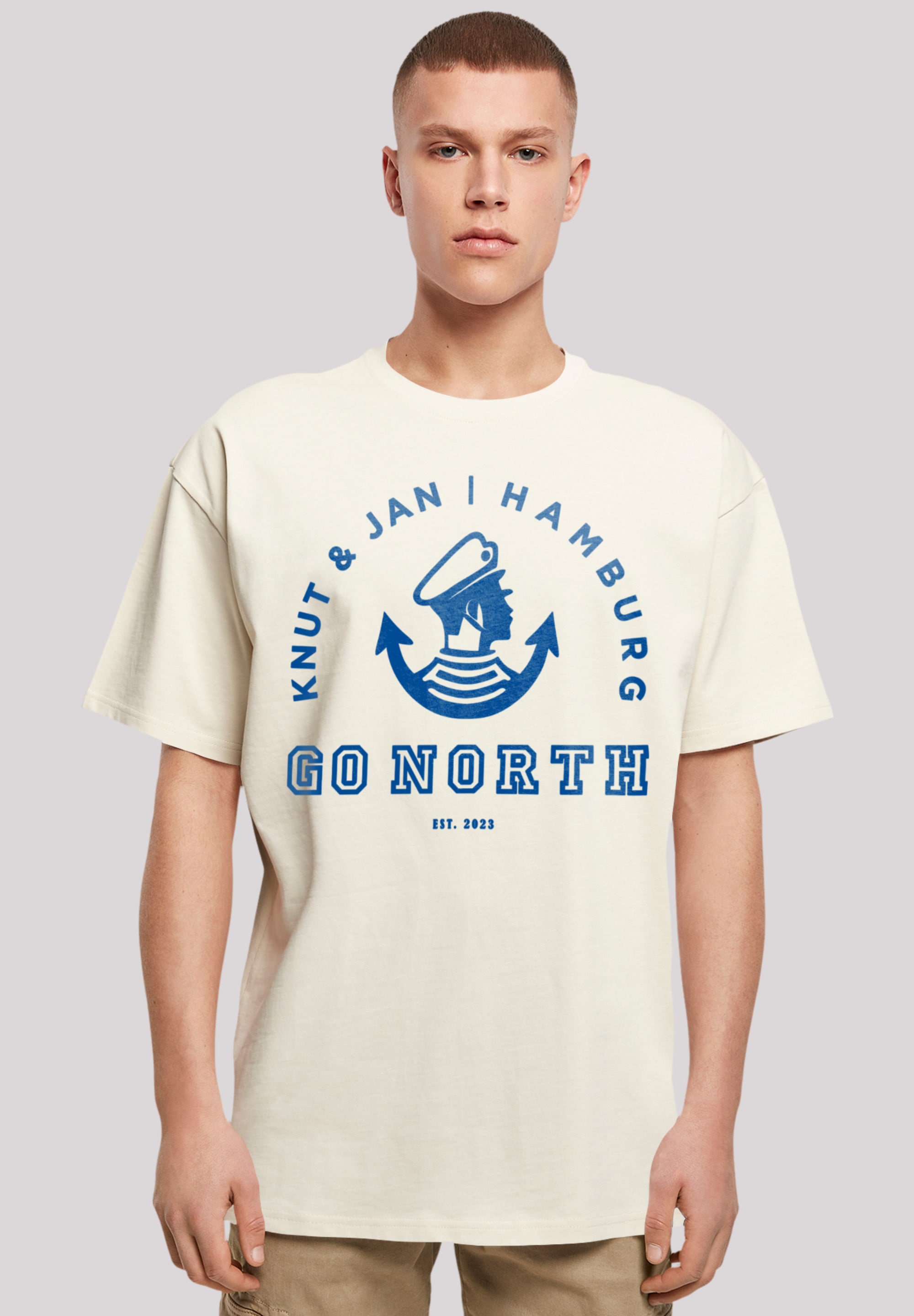 T-Shirt F4NT4STIC "Go North Knut Jan Hamburg Knut Jan Hamburg", Herren, Gr. M, beige (sand), Obermaterial: 100% Baumwolle, oversize, Rundhals, ohne Bündchen, Shirts, Print Image