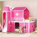 Castle Style Kids Low Bunk Bed with Slide, Curtains & Tower, Solid Wood House Floor Bunk Bed Frame with Tent for Kids Girls Boys