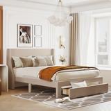 Queen Velvet Upholstered Storage Platform Bed with Drawer & Headboard