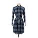 Lands' End Casual Dress - Shirtdress High Neck Long sleeves: Blue Checkered/Gingham Dresses - Women's Size P