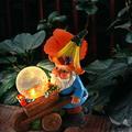 Garden Gnome Statue, Cart Magic Ball Solar Gnome Carrying Magic Ball with LED Lights, with Trolley and Cracked Glass Lamp Gnome Statue Suitable for Home Garden Lawn Decorations Outdoor Decorations