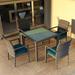 Wade Logan® Suffern Square 4 - Person Long Outdoor Dining Set w/ Cushions Glass, Wicker in Blue/Gray | 29.5" H x 59" W x 59" L | Wayfair