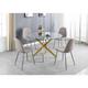 Furniturebox novara Gold Metal And Glass Large 120cm Round Dining Table 4 Cappuccino Grey Corona Faux Leather Dining Chairs with Silver Legs Diamond