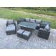 Fimous - Outdoor Garden Furniture Set Patio Rattan Rectangular Dining Table Lounge Sofa Chair with 2 Side Table Big Footstool 2 Small Stools 8 Seater
