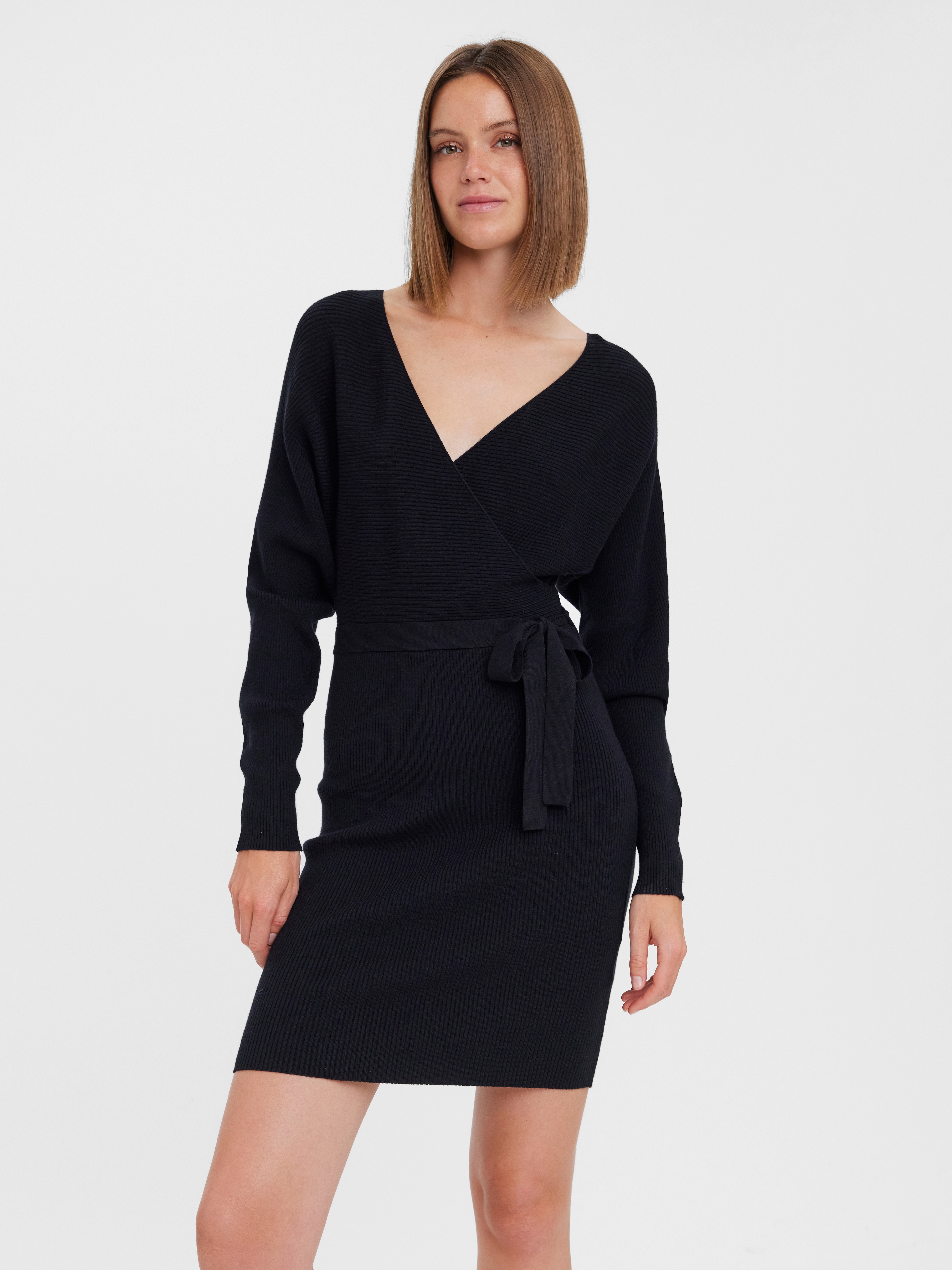Strickkleid VERO MODA "VMHOLLYREM LS V-NECK DRESS GA NOOS", Damen, Gr. XS, N-Gr, schwarz, Web, Obermaterial: 50% Viskose, 28% Polyester, 22% Nylon, regular fit, V-Ausschnitt, Kleider Strickkleid