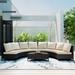 5-Piece Wicker Sectional Half-Moon Patio Set, Complete with Tempered Glass Table for Relaxation.