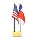 A. 1 American and 1 State 4 x6 Miniature Desk & Table Flags in a Wood Flag Stand. Set Contains 1 & 1 State Rayon Mini Stick Flags and Stand (Texas)