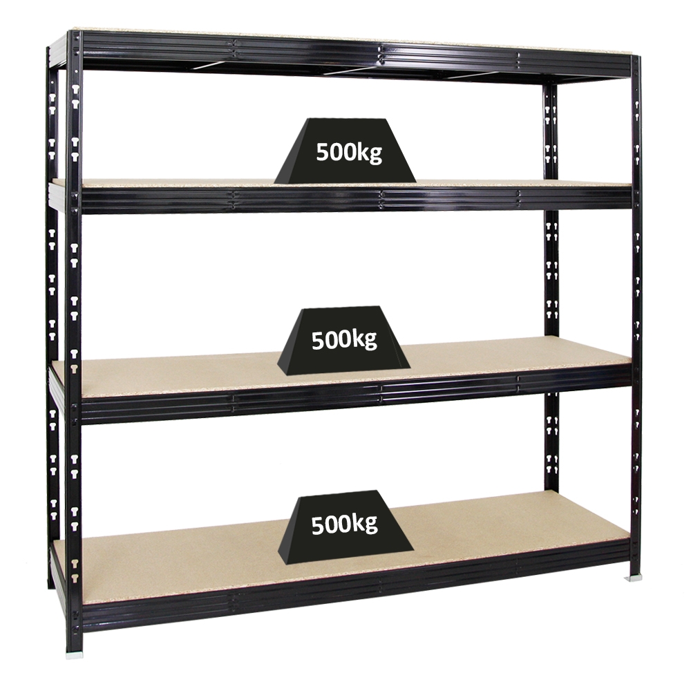 PROREGAL Profi Schwerlastregal RHINO | HxBxT 180x200x60cm | 4 Spanplatten-Ebenen 16mm | Fachlast 500kg | Schwarz | Stecksystem Lagerregal Regalsystem Image