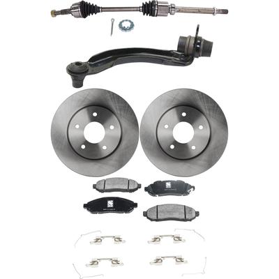 2018 Nissan NV200 6-Piece Kit Front, Passenger Side Axle Assembly, Front Wheel Drive, New, includes (1) Axle Assembly, (2) Brake Disc, (1) Brake Pad Set, and (1) Control Arm