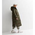 Khaki Hooded Longline Puffer Coat New Look