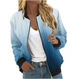 CZHJS Fall Tops Women s Gradient Cololr Fashion Clothing Loose Stand up Collared Baseball Bomber Casual Oversized Zip up Lightweight Jacket Long Sleeve Outwear Spring 2023 Trendy Blue XL Shirts