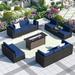 MF Studio 12 Pieces Outdoor Patio Furniture Set with 56-Inch Fire Pit Table Wicker Patio Conversation Set Navy Blue