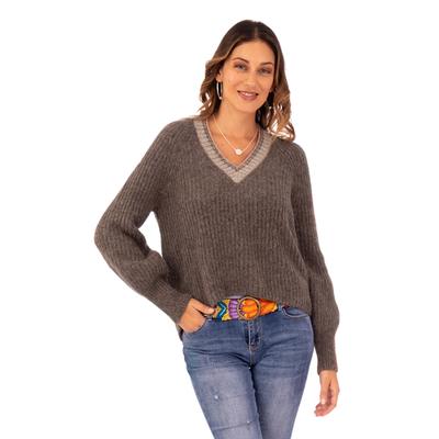 'Preppy-Inspired Taupe and Beige Baby Alpaca Blend Sweater'
