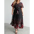 Robe longue décontractée à imprimé floral pour femmes col en V manches courtes noir curvy