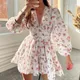 Mini robe en dentelle à volants pour femmes manches bouffantes col en V manches longues style