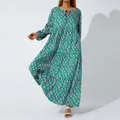 Women Geometric Print Long Dress V-neck Puff Long Sleeve Loose Fashion Dress for Spring Summer