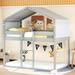House Bunk Bed Twin Over Twin Kids Bunk Bed Wood Frame,Tree House bunk Bed Floor Bunk Bed with Tent, for Girls Boys, Gray