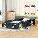 Twin Size Race Car Shaped Platform Bed with Wheels and Storage, Dark Blue Yellow