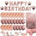 moobody Rose Gold Birthday Party Decorations Set Girls Women Baby Birthday Party Supplies Happy Birthday Balloons Ribbons Curtains Tablecloth for Baby Birthday Party Decorations