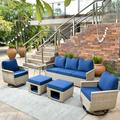 Ovios 6 Pieces Outdoor Patio Furniture Set Wicker Swivel Chair with Storage Box & Navy Blue Cushion