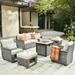 Ovios 6 Pieces Outdoor Furniture Set with Fire Pit Wicker Patio Sectional Sofa Furniture with Storage Box & Beige Cushions
