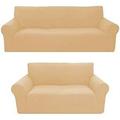 2-Piece Slipcover Set - Polyester Spex Couch Covers Furniture Covers for Sofa Loveseat Brushed Sofa Covers for 2 Cushion Couch w/Non-Slip Elastic Cord Beige/Cream