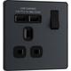 BG Evolve Matt (Black Ins) Single Switched 13A Power Socket + 2 X Usb (2.1A) in Grey Polycarbonate