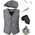 Halloween 1920s Mens Costume Accessories Set,Great Gatsby Clothing,Roaring 20s Pocket Watch,Mafia Mobster Hat, Set1-lightgray, XX-L