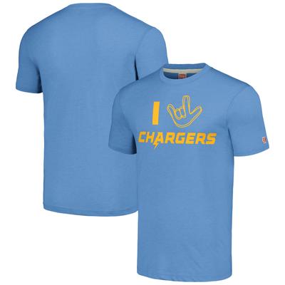 Unisex-Tri-Blend-T-Shirt „Homage Powder Blue Los Angeles Chargers“ aus der NFL ASL-Kollektion von Love Sign Image