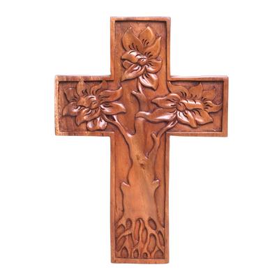 'Hand-Carved Tree-Themed Suar Wood Wall Cross from Bali'