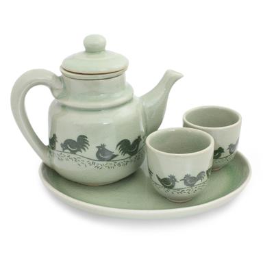 Celadon ceramic tea set, 'Cute Chicks'