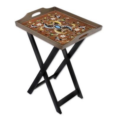 Reverse painted glass folding tray table, 'Scarlet Delight'
