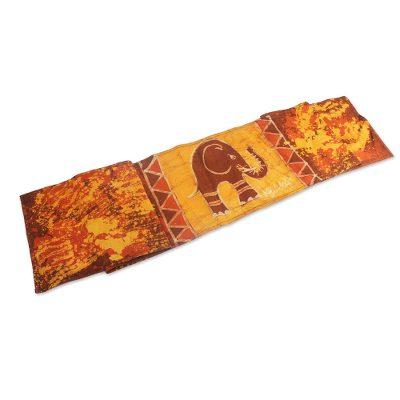 Elephant Wrap,'Elephant-Themed Batik Cotton Table Runner from Ghana'