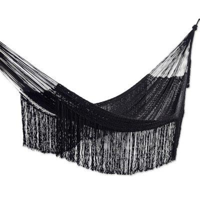 Ebony Cascade,'Fringed Black Cotton Rope Hammock (Double) from Mexico'