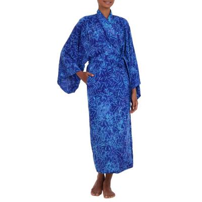 Bamboo Blue,'Blue Rayon Long Robe with Bamboo Batik Print from Indonesia'